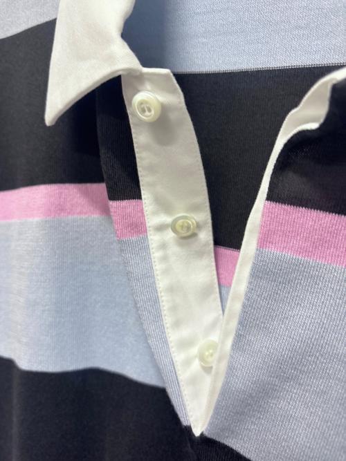 PRADA（プラダ）PRADA (プラダ) ストライプシルクコットンポロシャツ ブラック×ブルー×ピンク サイズ:48の古着・服飾アイテム