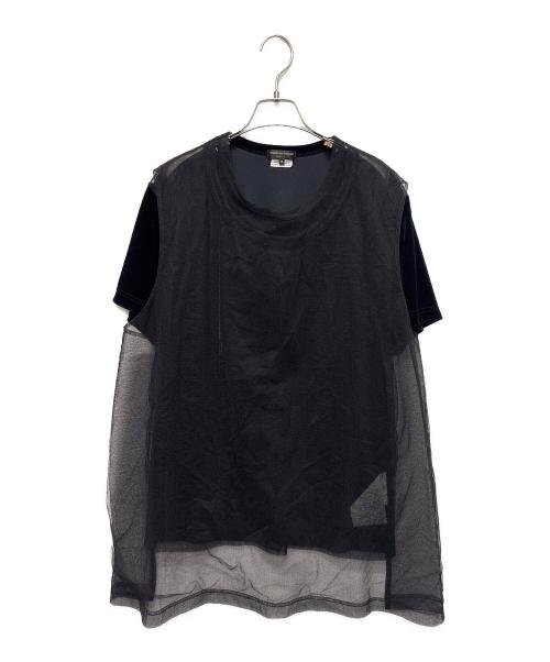 COMME des GARCONS HOMME PLUS（コムデギャルソンオムプリュス）COMME des GARCONS HOMME PLUS (コムデギャルソンオムプリュス) ベロア メッシュ 切替 チュール レイヤード Tシャツ ブラック サイズ:Mの古着・服飾アイテム