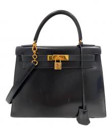HERMES（エルメス）の古着「ケリー28/外縫い/ゴールド金具/ブラック/ボックスカーフ/〇U刻印」｜ブラック