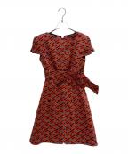 VERSACEヴェルサーチェ）の古着「Versace Ladies La Greca Monogram Print Belted Wool Mini Dress モノグラム プリント ウールミニドレス 1A01805」｜レッド