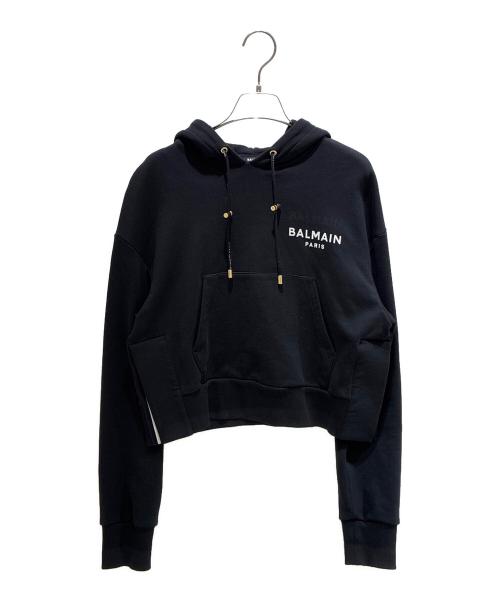 BALMAIN（バルマン）BALMAIN (バルマン) Cropped Hoodie With Flocked Logo ブラック サイズ:Sの古着・服飾アイテム