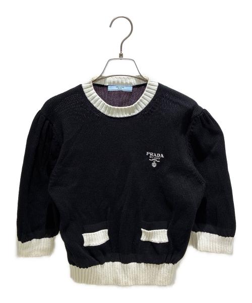 PRADA（プラダ）PRADA (プラダ) コットンクロップドリブ半袖刺繍ロゴニット ブラック サイズ:40の古着・服飾アイテム