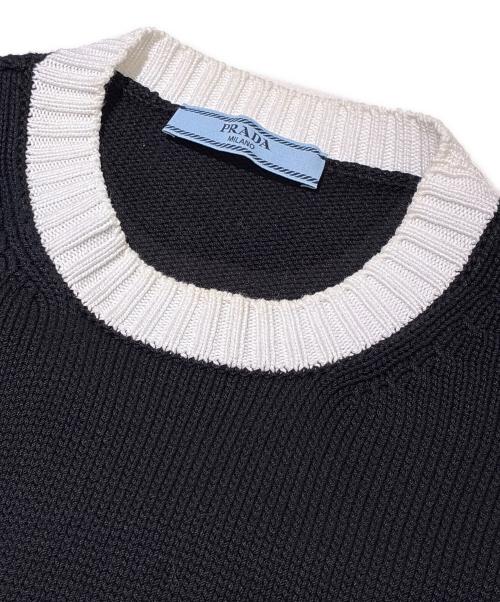 PRADA（プラダ）PRADA (プラダ) コットンクロップドリブ半袖刺繍ロゴニット ブラック サイズ:40の古着・服飾アイテム