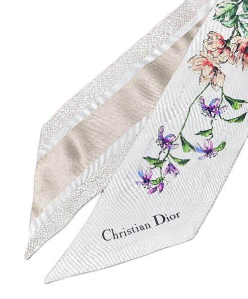 Christian Dior（クリスチャン ディオール）Christian Dior (クリスチャン ディオール) D-Floral ミッツァ スカーフ/シルクスカーフ ホワイト×ベージュ サイズ:105.0cm×6.0cmの古着・服飾アイテム
