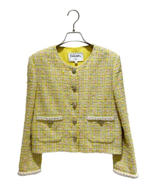 CHANEL（シャネル）CHANEL (シャネル) ノーカラーツイードジャケット P76339V68243 イエロー サイズ:38の古着・服飾アイテム
