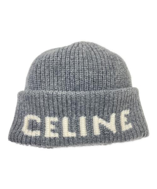 CELINE（セリーヌ）CELINE (セリーヌ) カシミヤ混ウール ロゴ リブ ニットキャップ グレー サイズ:ワンサイズ/フリーサイズの古着・服飾アイテム