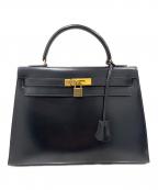 HERMESエルメス）の古着「ケリー32外縫い/ボックスカーフ/ゴールド金具/〇O刻印/Kelly32 Sellier」｜ブラック×ゴールド