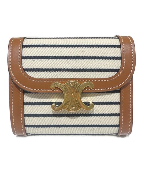 CELINE（セリーヌ）CELINE (セリーヌ) トリオンフ コンパクトウォレット/3つ折り財布 ホワイト×ブラック×ブラウンの古着・服飾アイテム