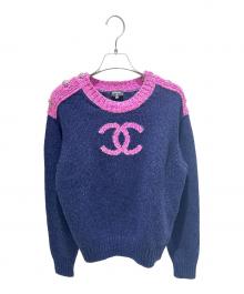 CHANEL（シャネル）の古着「CC Logo Cashmere Knit Sweater/ココマークカシミヤニット/P73911K10586」｜ネイビー×ピンク