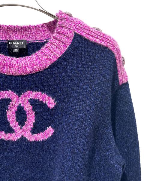 CHANEL（シャネル）CHANEL (シャネル) CC Logo Cashmere Knit Sweater/ココマークカシミヤニット/P73911K10586 ネイビー×ピンク サイズ:36の古着・服飾アイテム