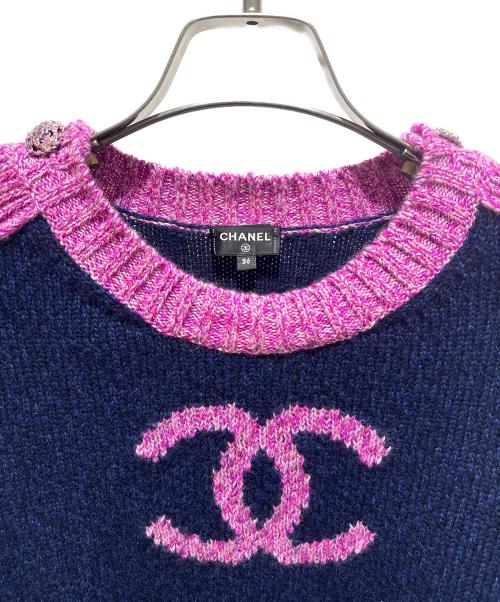 CHANEL（シャネル）CHANEL (シャネル) CC Logo Cashmere Knit Sweater/ココマークカシミヤニット/P73911K10586 ネイビー×ピンク サイズ:36の古着・服飾アイテム