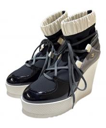 CHANEL（シャネル）の古着「レースアップウェッジソールブーツ」｜ベージュ×ブラック