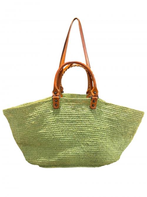BALENCIAGA（バレンシアガ）BALENCIAGA (バレンシアガ) ラフィアバッグ　トートバッグ 2WAY ストロー×レザー かごバッグ 黄緑×ブラウンの古着・服飾アイテム