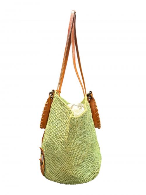 BALENCIAGA（バレンシアガ）BALENCIAGA (バレンシアガ) ラフィアバッグ　トートバッグ 2WAY ストロー×レザー かごバッグ 黄緑×ブラウンの古着・服飾アイテム