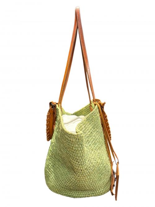 BALENCIAGA（バレンシアガ）BALENCIAGA (バレンシアガ) ラフィアバッグ　トートバッグ 2WAY ストロー×レザー かごバッグ 黄緑×ブラウンの古着・服飾アイテム