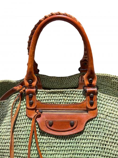 BALENCIAGA（バレンシアガ）BALENCIAGA (バレンシアガ) ラフィアバッグ　トートバッグ 2WAY ストロー×レザー かごバッグ 黄緑×ブラウンの古着・服飾アイテム