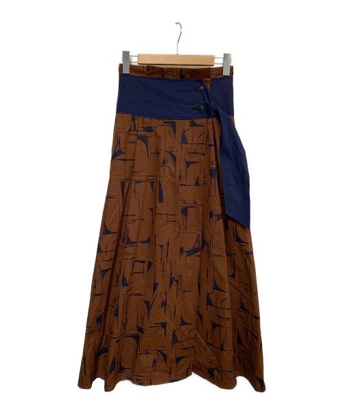 RAY BEAMS（レイ ビームス）RAY BEAMS (レイ ビームス) プリントハイウエストスカート ブラウン×ネイビー 未使用品の古着・服飾アイテム