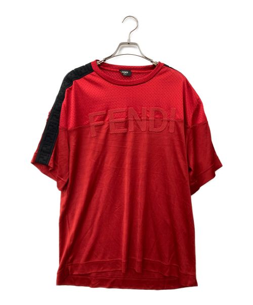 FENDI（フェンディ）FENDI (フェンディ) クルーネックメッシュカットソー レッド サイズ:Lの古着・服飾アイテム