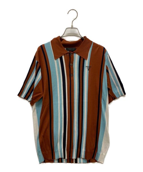 PRADA（プラダ）PRADA (プラダ) ニットポロシャツ ブラウン×スカイブルー サイズ:Mの古着・服飾アイテム