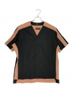 MOSODELIAモソデリア）の古着「CARREMAN ノーカラー半袖シャツ」｜ブラック×ピンク
