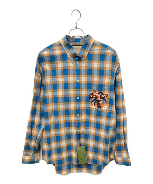GUCCI（グッチ）GUCCI (グッチ) Freyja Hartas Animal Embroidery Check Shirt ブルー×オレンジ サイズ:50 未使用品の古着・服飾アイテム