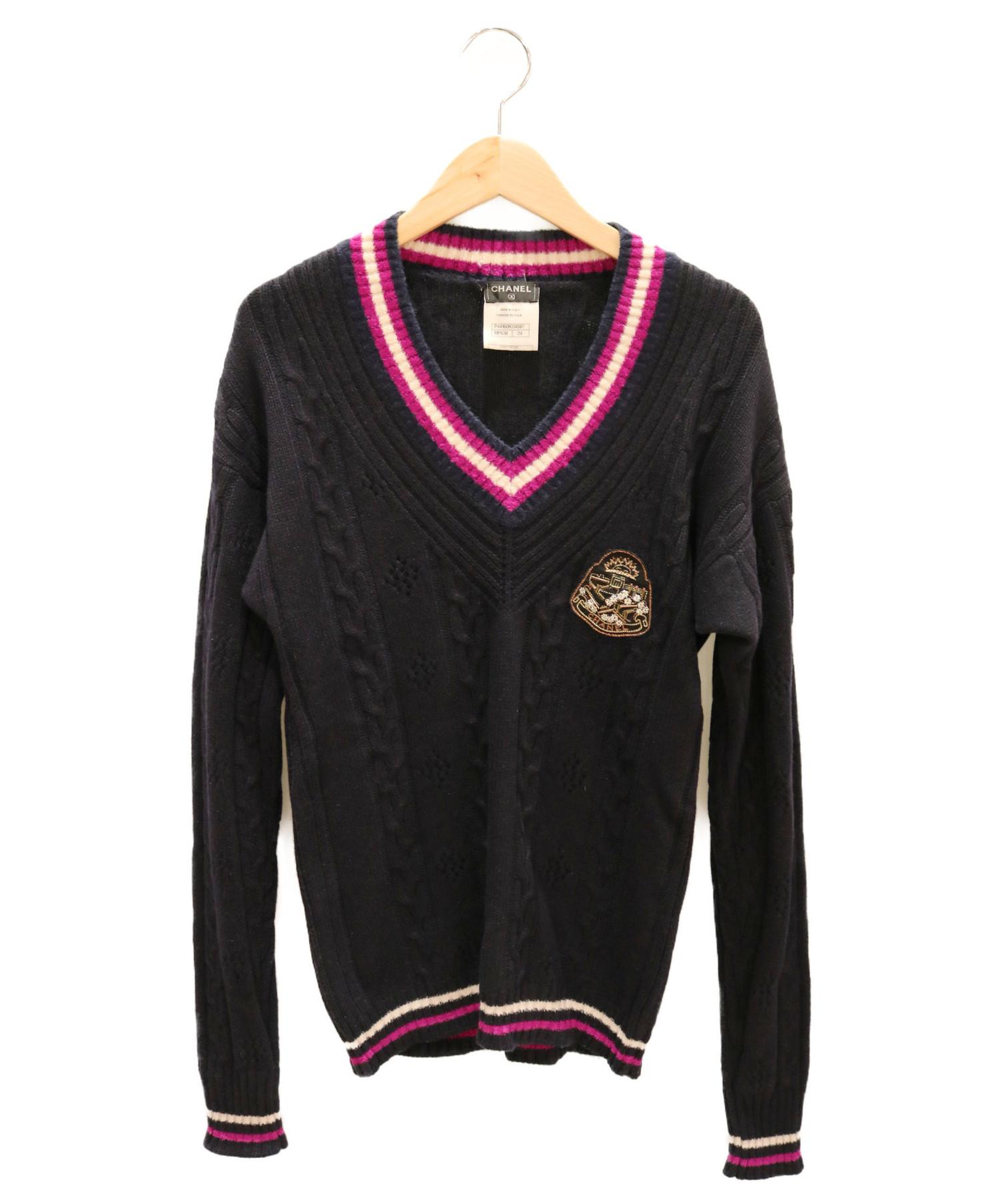 中古 古着通販 Chanel シャネル ワッペン付きカシミヤ混vネックニット ネイビー サイズ 34 カシミヤ混 ブランド 古着通販 トレファク公式 Trefac Fashion