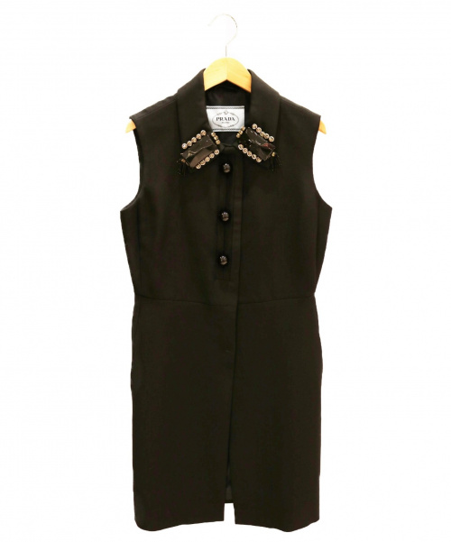 PRADA（プラダ）PRADA (プラダ) 襟ビジューノースリーブワンピース ブラック サイズ:40の古着・服飾アイテム
