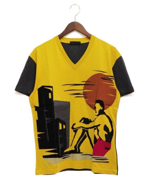 PRADA（プラダ）PRADA (プラダ) パッチワークTシャツ イエロー×グレー サイズ:L 春夏物の古着・服飾アイテム