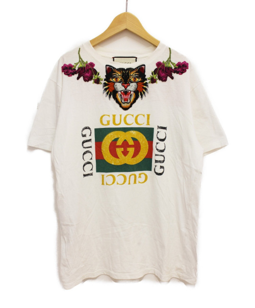 GUCCI（グッチ）GUCCI (グッチ) アングリーキャットエンブロイダリーTシャツ ホワイト サイズ:Sの古着・服飾アイテム