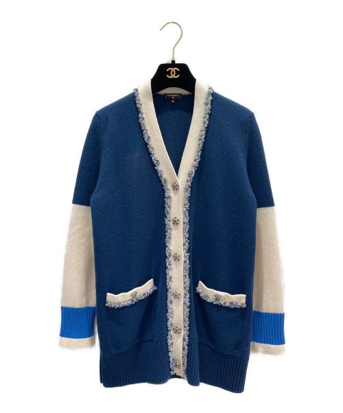 CHANEL（シャネル）CHANEL (シャネル) スパンコールビジューカーディガン ブルー×ホワイト サイズ:36の古着・服飾アイテム