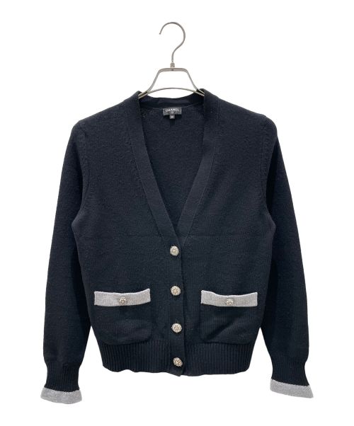 CHANEL（シャネル）CHANEL (シャネル) 100% cashmere knit cardigan ブラック×グレー サイズ:38の古着・服飾アイテム