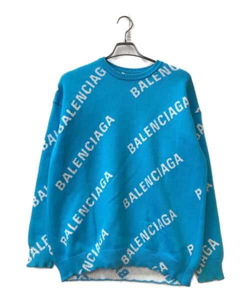 BALENCIAGA（バレンシアガ）BALENCIAGA (バレンシアガ) オールオーバーロゴクルーネックニット スカイブルー × ホワイト サイズ:XSの古着・服飾アイテム