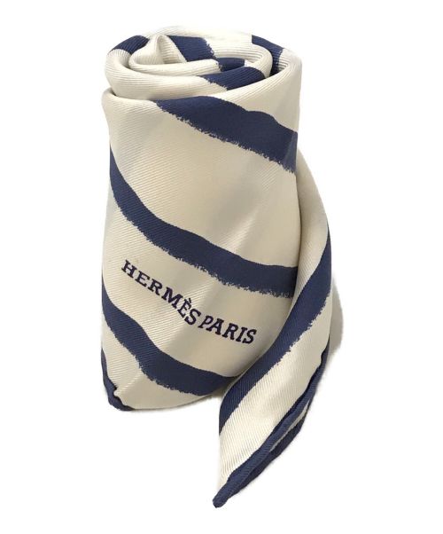 HERMES（エルメス）HERMES (エルメス) プチカレ40 ボーダースカーフ ホワイト×ブルーの古着・服飾アイテム