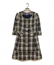 BURBERRY BLUE LABEL (バーバリー ブルー レーベル) 刺繍ホースチェック柄七分袖ワンピース ネイビー×ベージュ サイズ:38