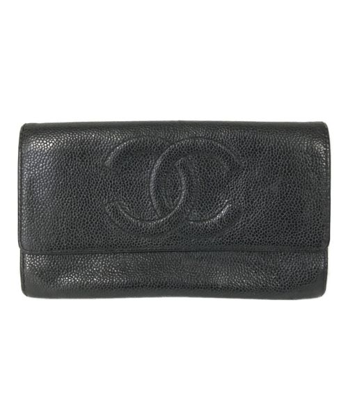 CHANEL（シャネル）CHANEL (シャネル) キャビアスキン3つ折り財布 ブラックの古着・服飾アイテム