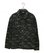 PLEASURESプレジャーズ）の古着「ロゴプリントデニムジャケット」｜ブラック×グリーン