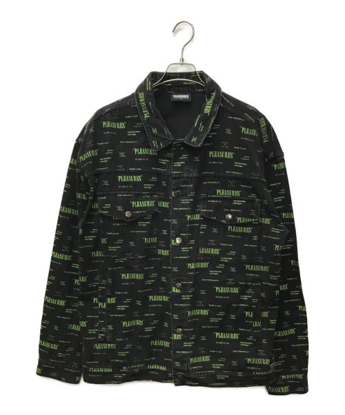 PLEASURES（プレジャーズ）PLEASURES (プレジャーズ) ロゴプリントデニムジャケット ブラック×グリーン サイズ:XLの古着・服飾アイテム