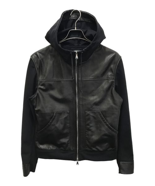 EMMETI（エンメティ）EMMETI (エンメティ) 袖切替レザーフーデッドジャケット ブラック サイズ:48の古着・服飾アイテム