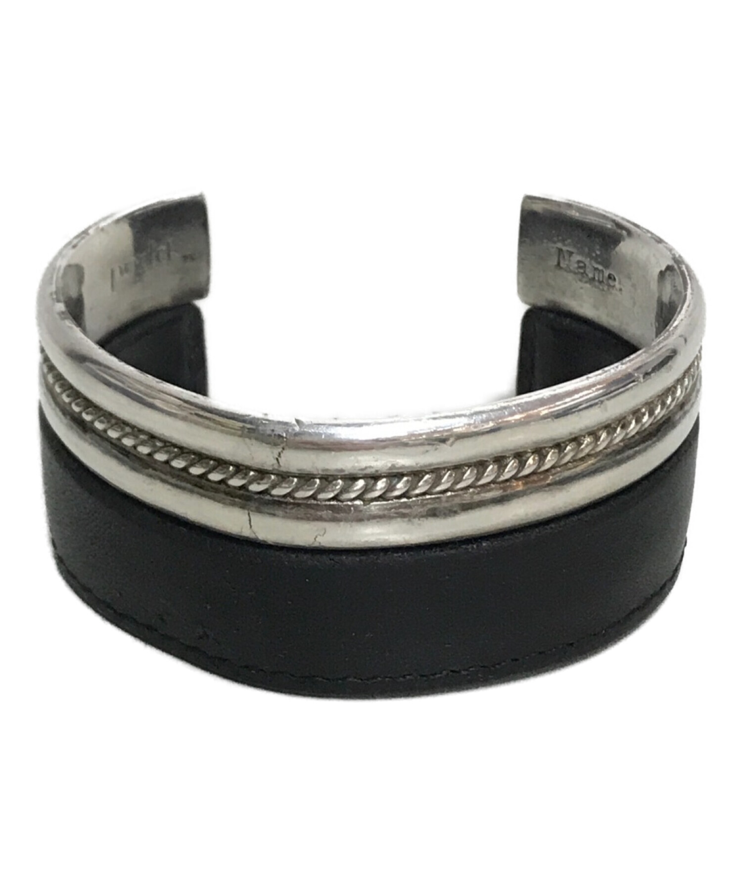 【中古・古着通販】Name. (ネーム) BRASS & LEATHER CUFF BRACELET ブラック×シルバー｜ブランド・古着通販