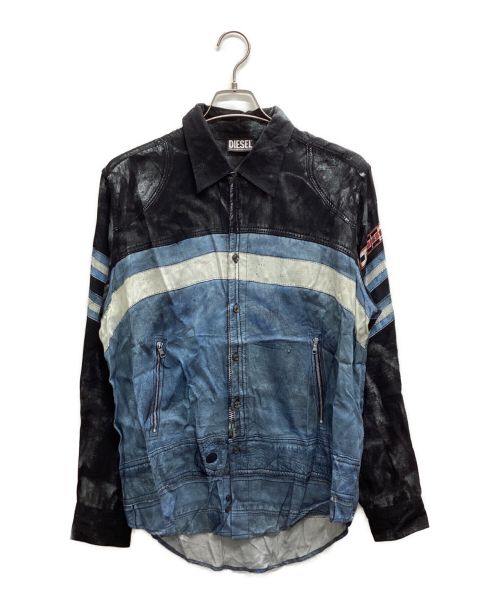 DIESEL（ディーゼル）DIESEL (ディーゼル) トロンプルイユデザインプリントシャツ ブラック×ブルー サイズ:48の古着・服飾アイテム