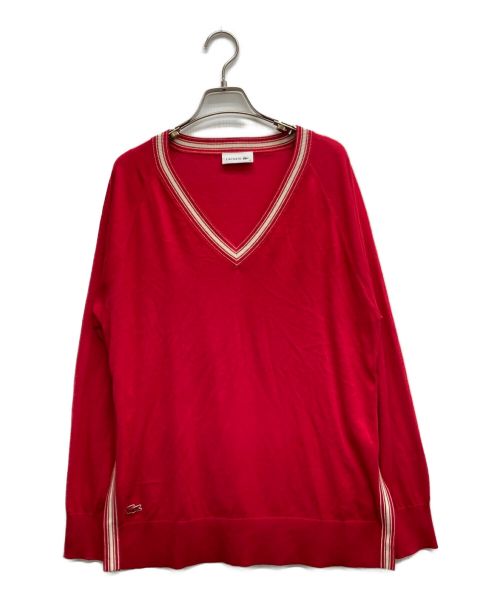 LACOSTE（ラコステ）LACOSTE (ラコステ) スリットシルクコットンジャージーパイピングVネックセーター レッド サイズ:40の古着・服飾アイテム