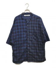 funset (ファンセット) ノーカラー半袖クレイジーパターンチェックシャツ ネイビー×ブルー サイズ:L