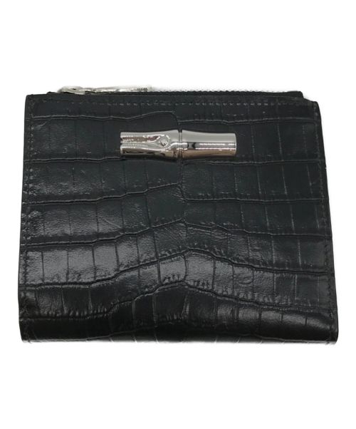LONGCHAMP（ロンシャン）LONGCHAMP (ロンシャン) 型押し2つ折り財布 ブラックの古着・服飾アイテム