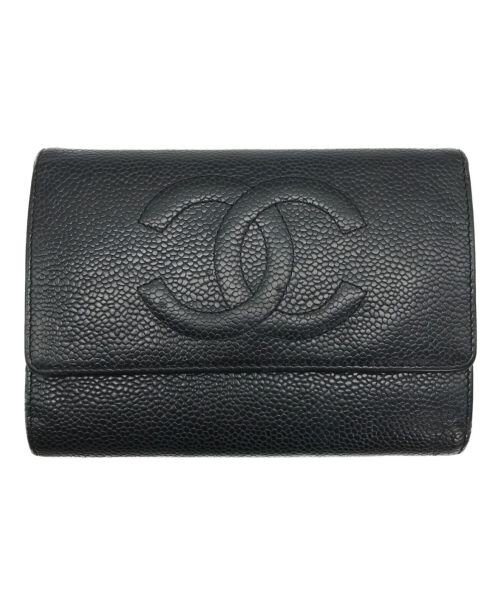 CHANEL（シャネル）CHANEL (シャネル) キャビアスキンココマーク3つ折り財布 ブラックの古着・服飾アイテム