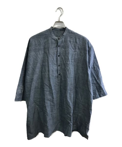 JURGEN LEHL（ヨーガンレール）JURGEN LEHL (ヨーガンレール) 刺繍プルオーバーバンドカラーシャツ ブルー サイズ:Mの古着・服飾アイテム