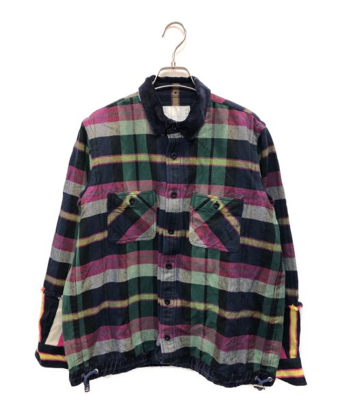 sacai（サカイ）sacai (サカイ) Check Plaid Flannel Patchwork Shirt ネイビー×ピンク サイズ:2の古着・服飾アイテム