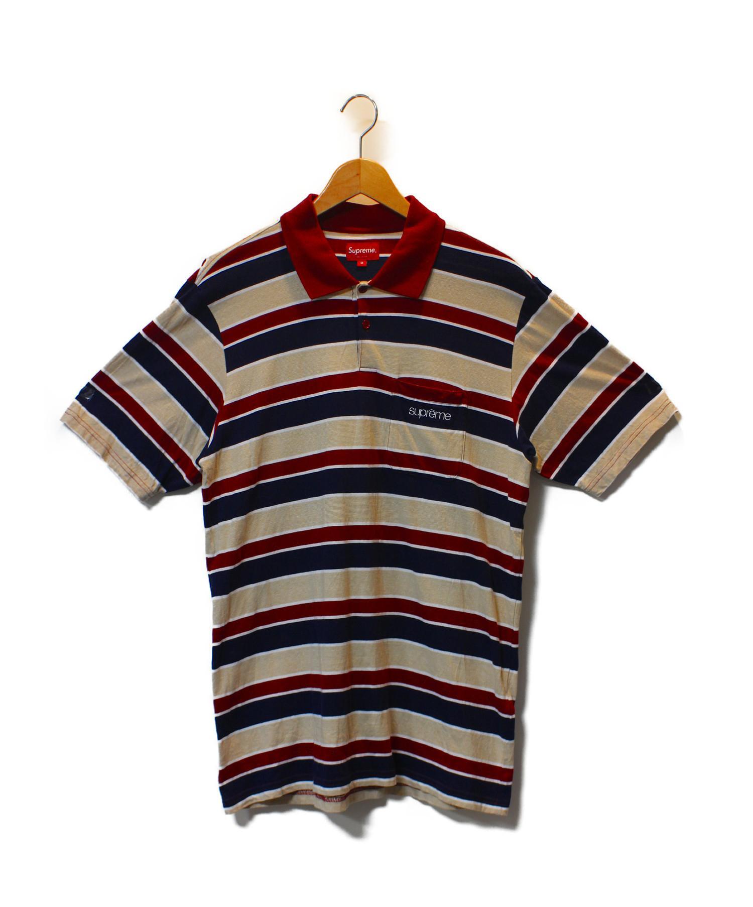 SUPREME (シュプリーム) ボーダーポロシャツ レッド×ベージュ サイズ:SIZE M Classic Logo Stripe Polo 19SS