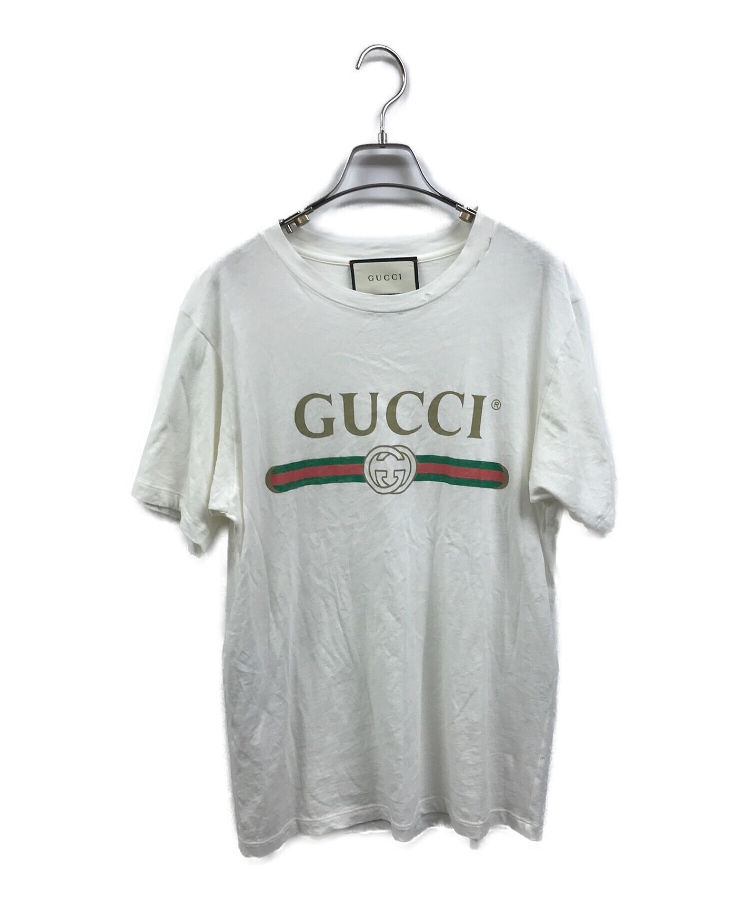 GUCCI (グッチ) ダメージ加工ロゴオーバーサイズコットン Tシャツ ホワイト サイズ:XXS