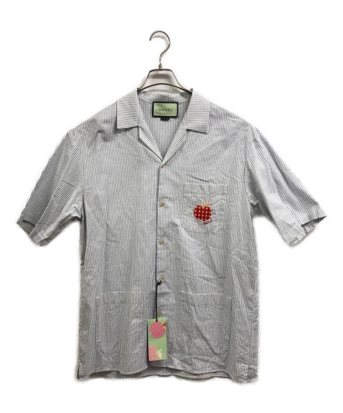 GUCCI（グッチ）GUCCI (グッチ) リンゴ刺繍半袖ストライプシャツ ブルー サイズ:48 未使用品の古着・服飾アイテム