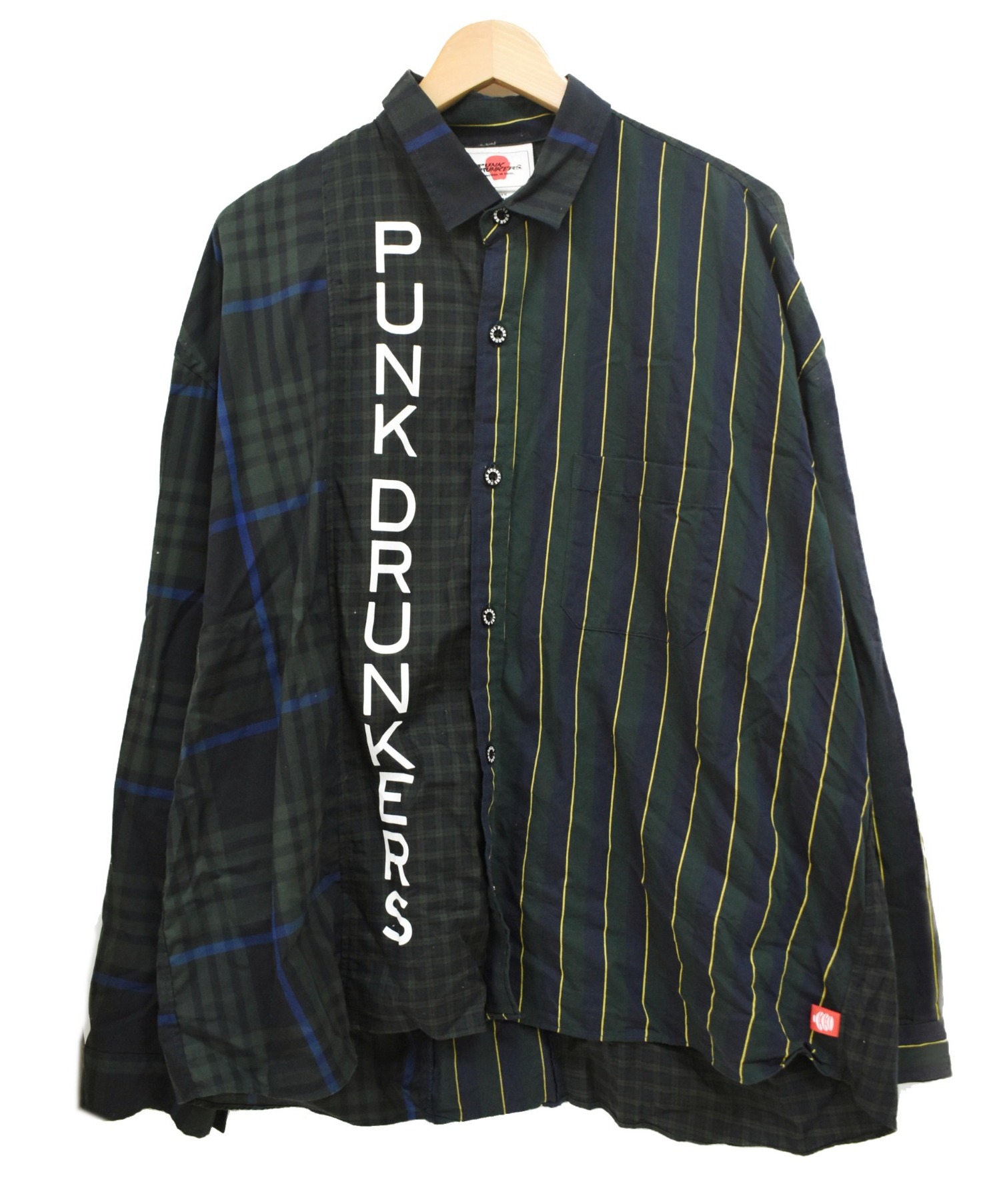 【中古・古着通販】PUNK DRUNKERS (パンクドランカーズ) クレイジーパターンストライプシャツ ネイビー×グリーン サイズ:L